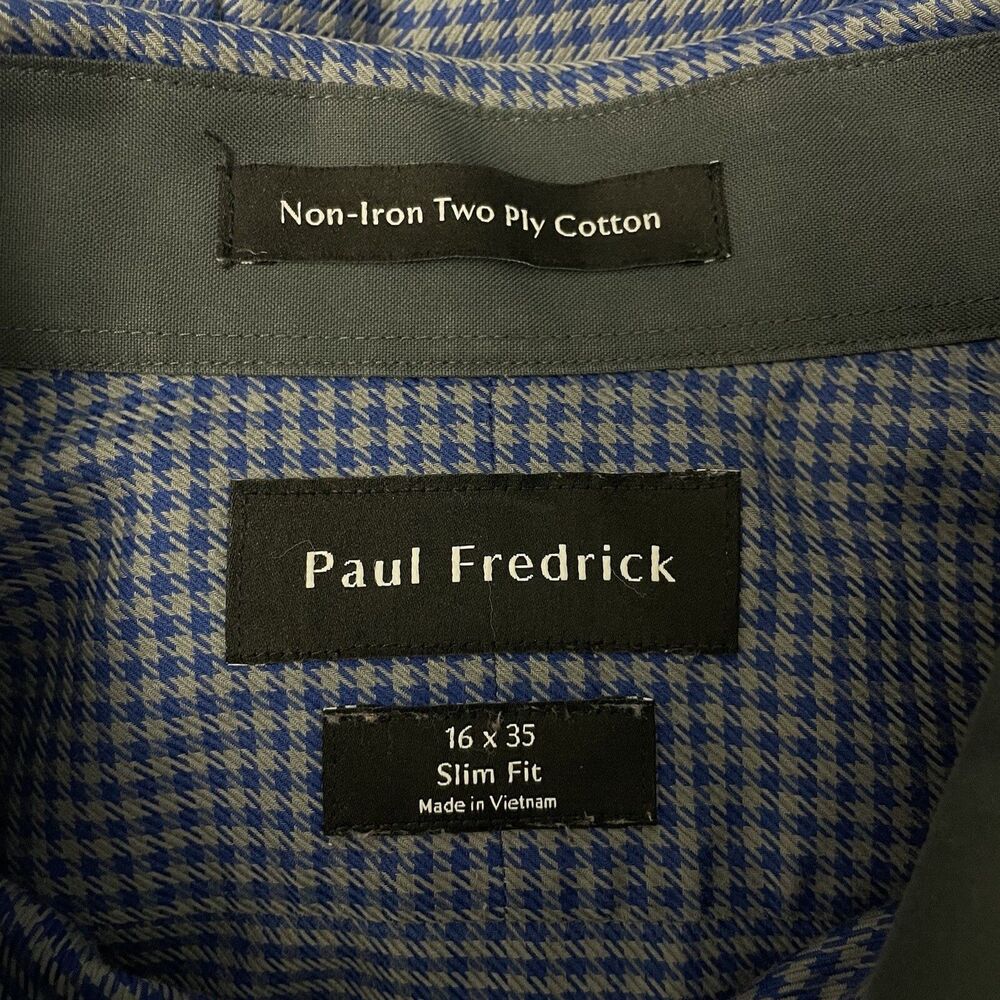 Paul Fredrick Mens Size 16 Blue Houndstooth Slim Fit Non-Iron Button-Front Shirt - Picture 6 of 7